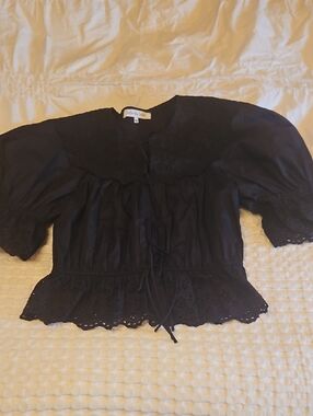 Black Eyelet Peplum Top - Black Lg